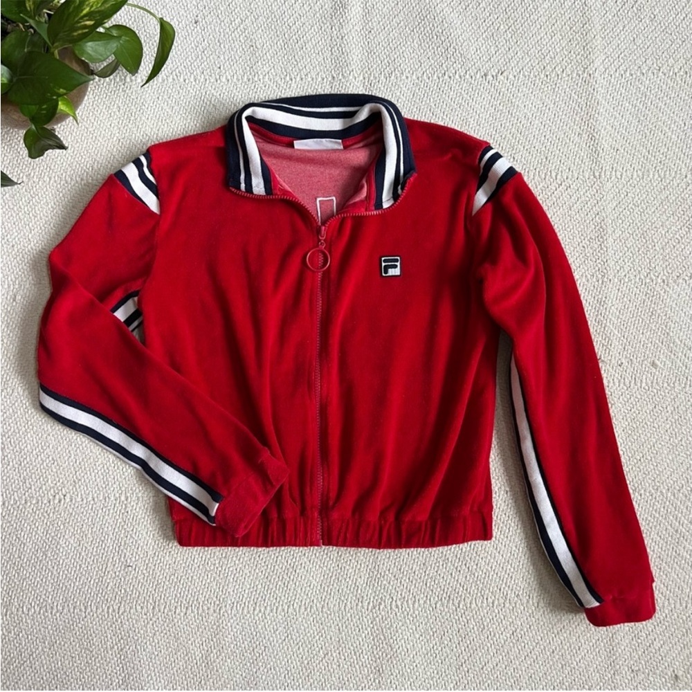 FILA Women's Sabina Varsity Stripe Red Terrycloth Track Jacket Small